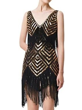 Babeyond Art Deco Flapper Dress Sequins Geometric Fringe Vintage Inspired NWOT